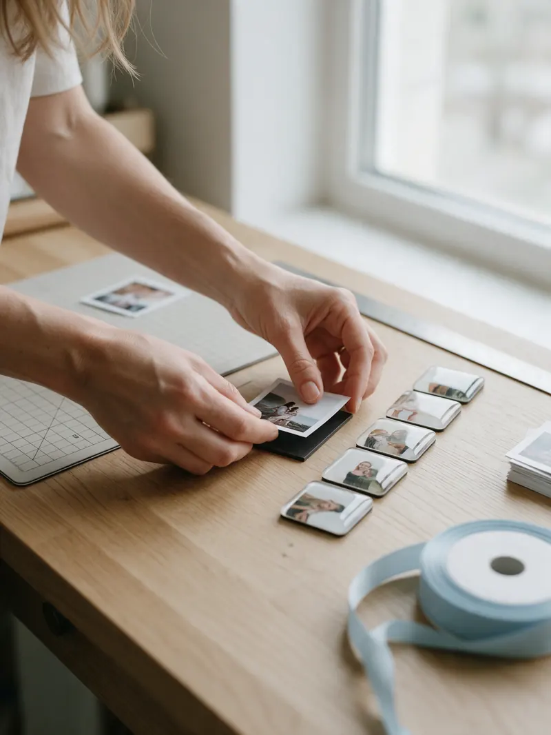 Mãos montando um ímã sobre a bancada de trabalho, com uma fileira de ímãs prontos e uma fita azul