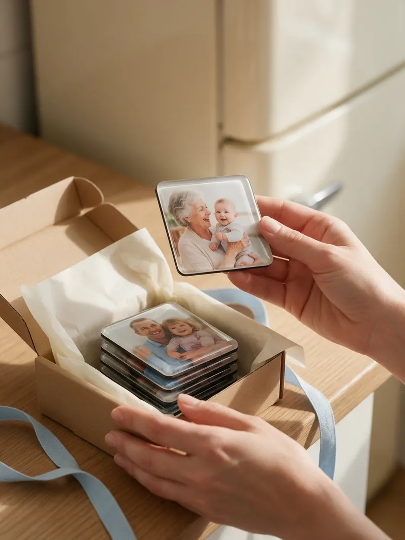 Mãos tirando um ímã com foto de dentro de uma caixinha kraft com papel de seda