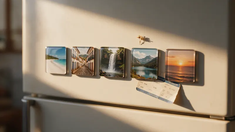Fileira de ímãs com fotos de praia, cidade histórica, cachoeira, lago e pôr do sol na porta da geladeira, com um cartão de embarque
